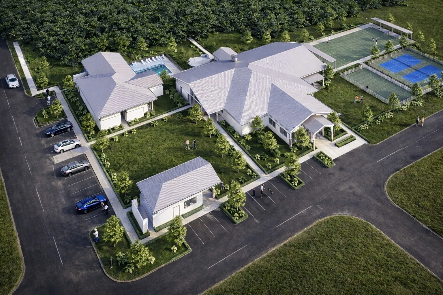 Aerial artist impression of the Solara Club, pool and visitor car park