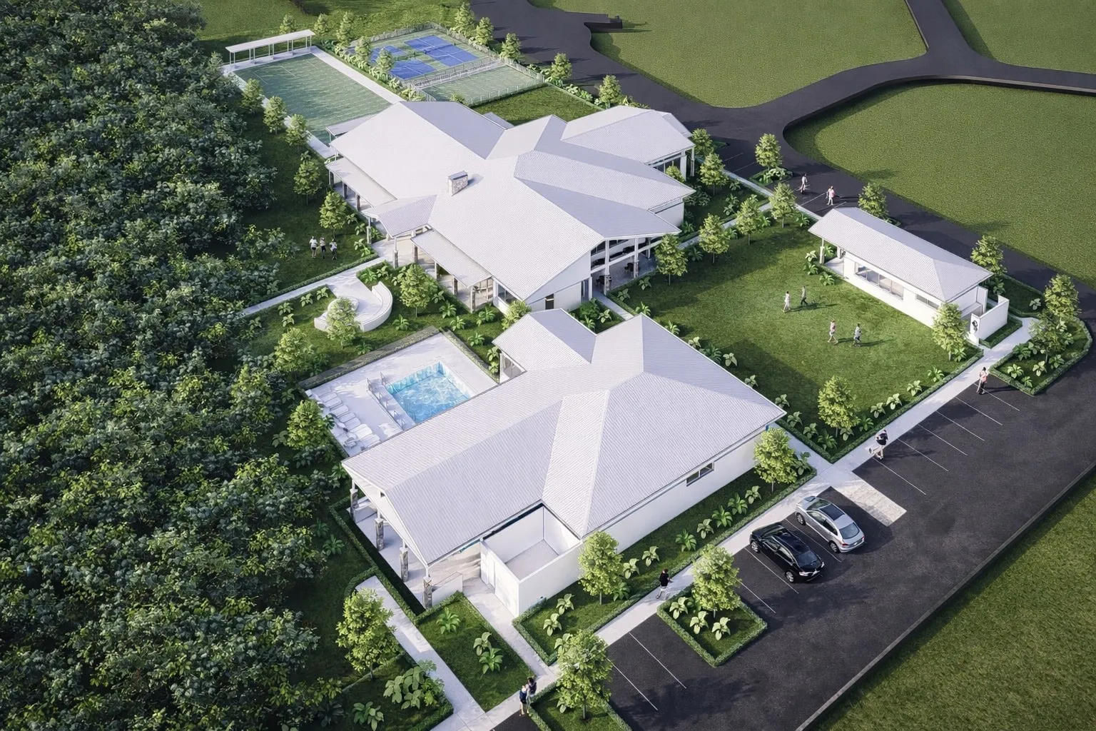 Aerial artist impression of the Solara Club, pool and lawn bowls green