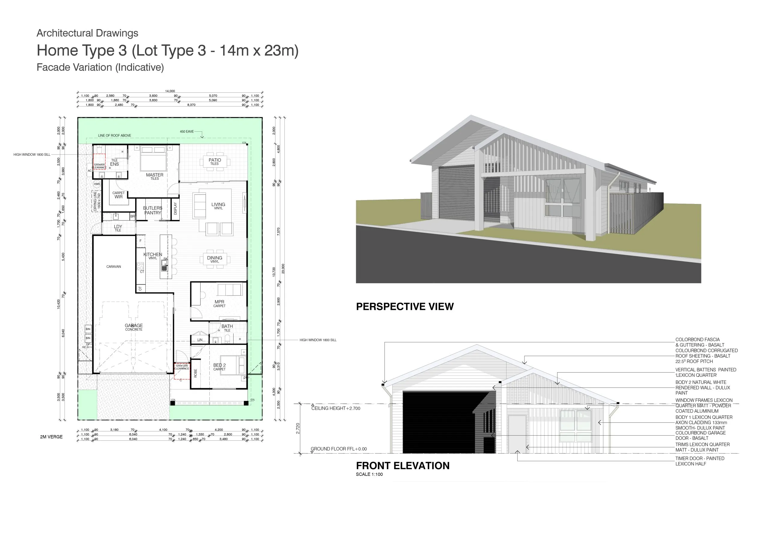 Home Type 3 floor plan, elevations and perspective view