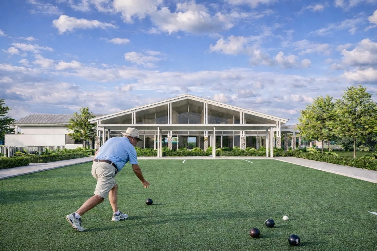Artist impression of residents playing lawn bowls on the green beside the clubhouse